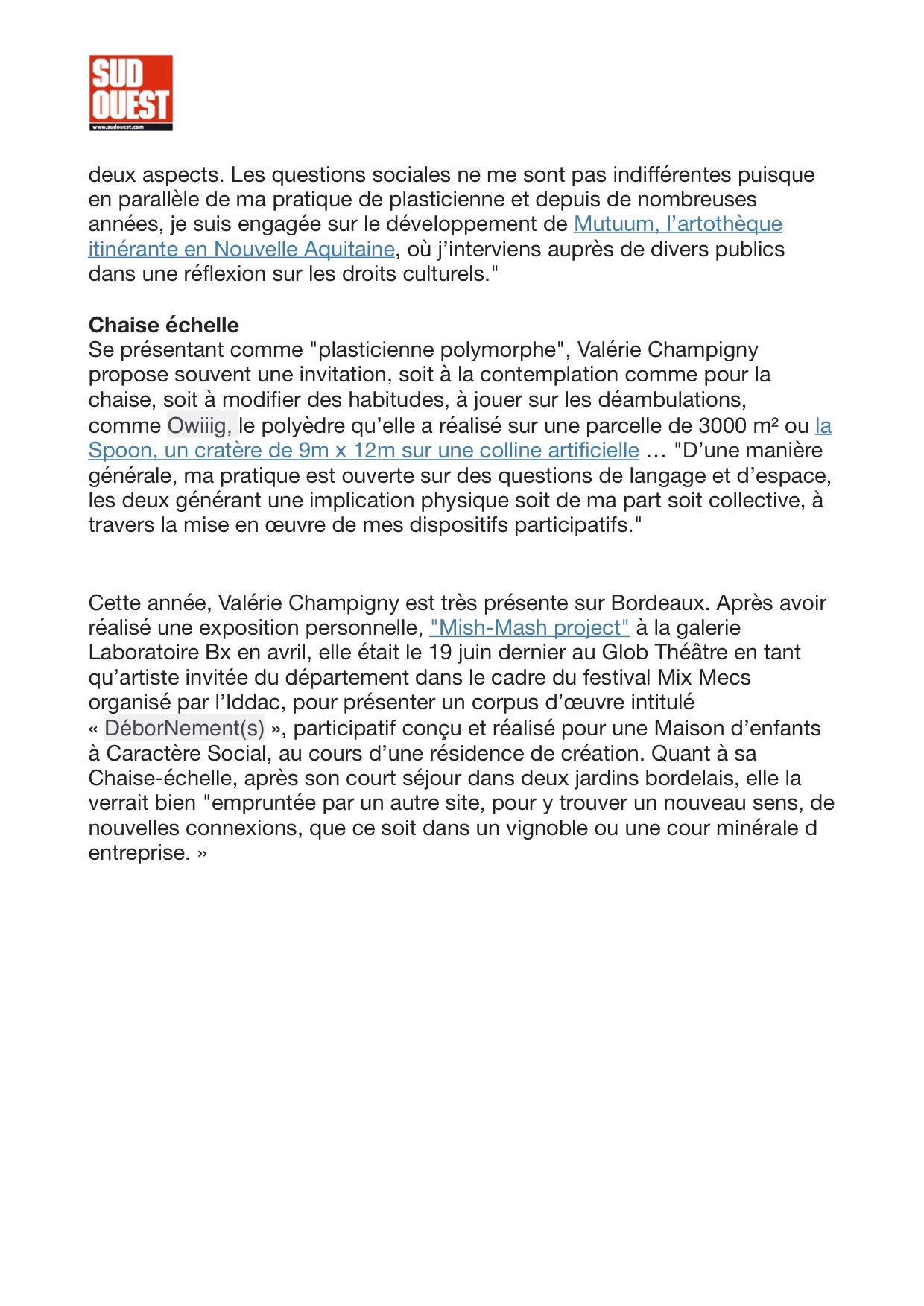 Article Sud-Ouest Chaise-échelle Valérie Champigny
